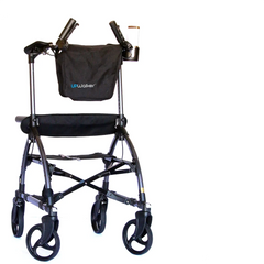 A black CPO - UPWalker® Original upright rollator with four wheels, seat, padded handles, storage pouch, and cup holder is shown against a plain white background—an ideal mobility aid.
