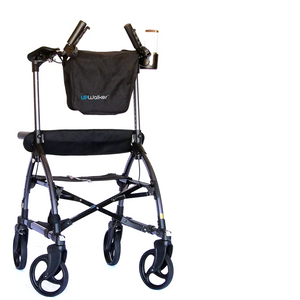 A black CPO - UPWalker® Original upright rollator with four wheels, seat, padded handles, storage pouch, and cup holder is shown against a plain white background—an ideal mobility aid.