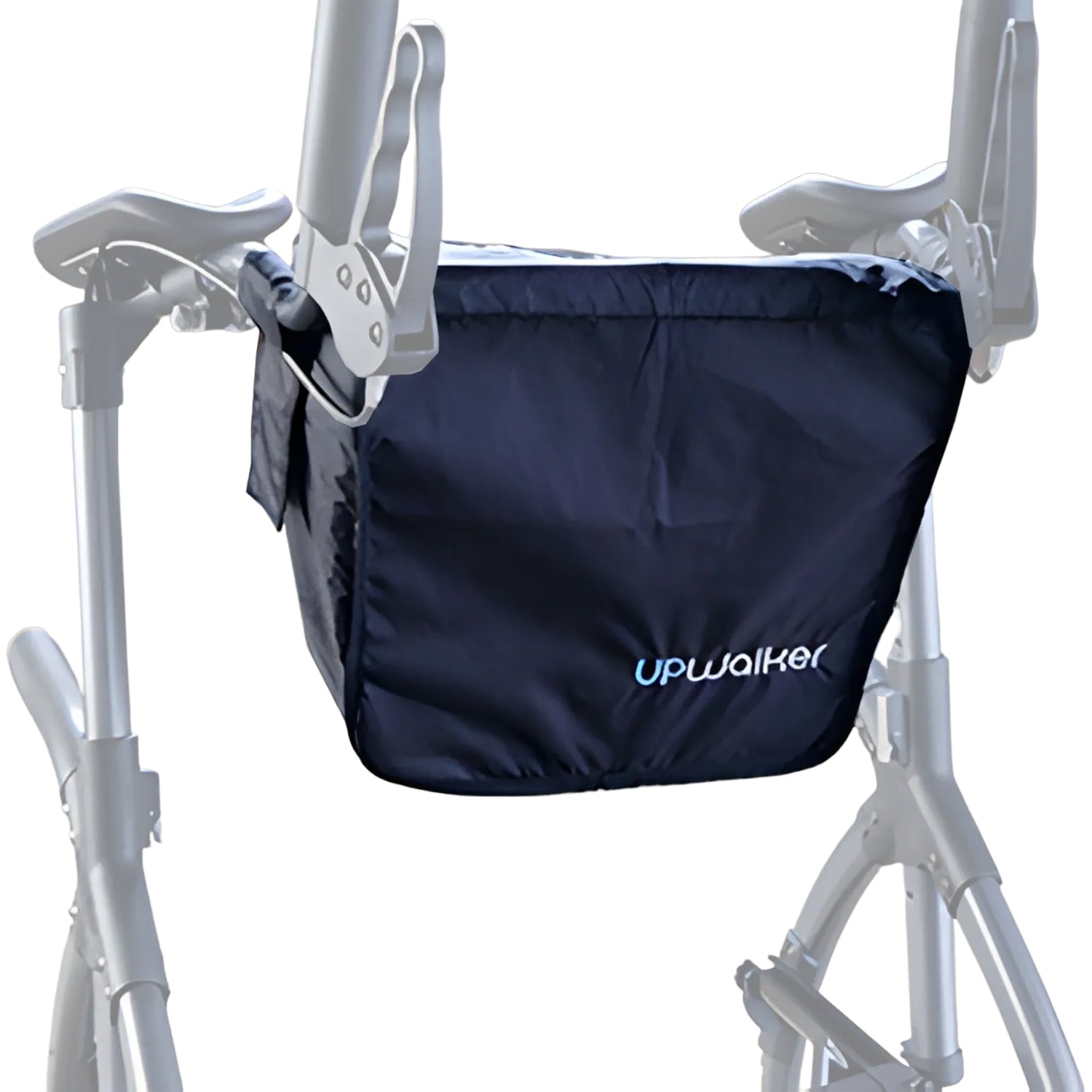 The Journey UPWalker Personal Item Bag – Walker Accessory, in black, attaches to a gray walker frame and provides hands-free storage and easy access to personal items.