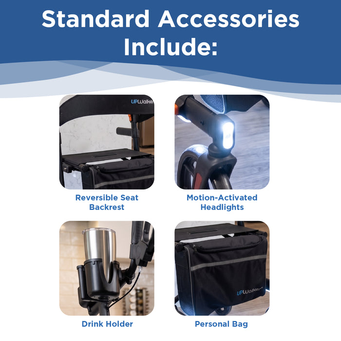 A Journey UPWalker Gen3 graphic titled Standard Accessories Include: showing four inset product photos: a reversible seat backrest, motion-activated headlights, a drink holder, and a personal bag. The layout is on a white background with blue text and wave accents.