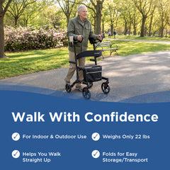 An older man using a UPWalker Premium Lite Gen 3 Rollator  with an included storage bag in a sunny park, with a blue banner at the bottom reading 'Walk With Confidence' and feature callouts.