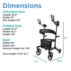 A dimensions infographic for the Journey UPWalker Premium Lite rollator, showing the product on the right and text on the left detailing unfolded size (32.2 x 27 x 53 inches), folded size (32.