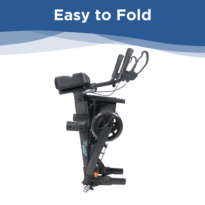 A Journey UPWalker Premium Lite Gen 3 rollator shown in its compact folded position on a white background with a blue header that reads 'Easy to Fold'.