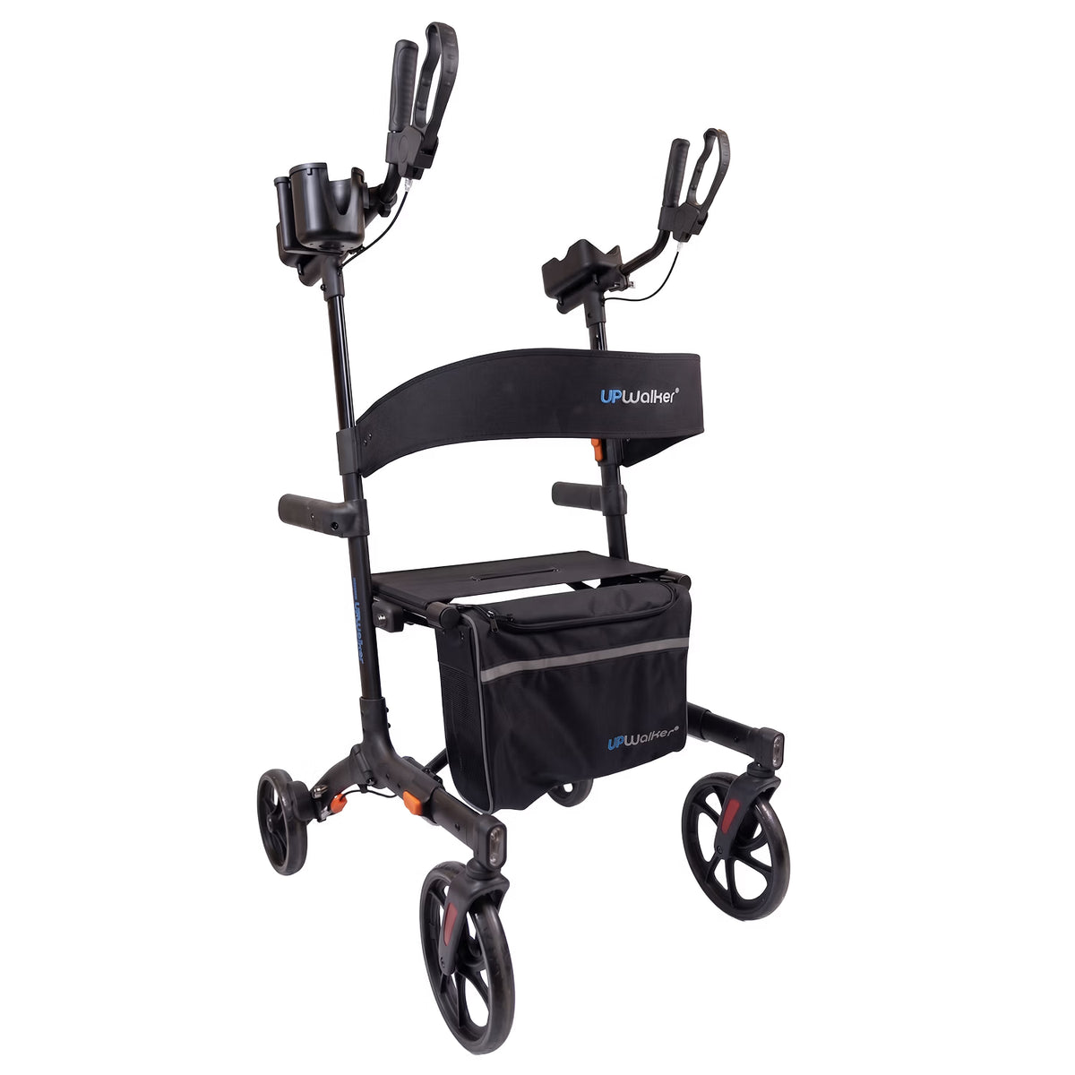 A black UPWalker Premium Lite Gen 3 upright mobility walker featuring four wheels, armrests, a cup holder, a padded backrest with the UPWalker logo, and a storage pouch beneath the seat bearing the brand name.