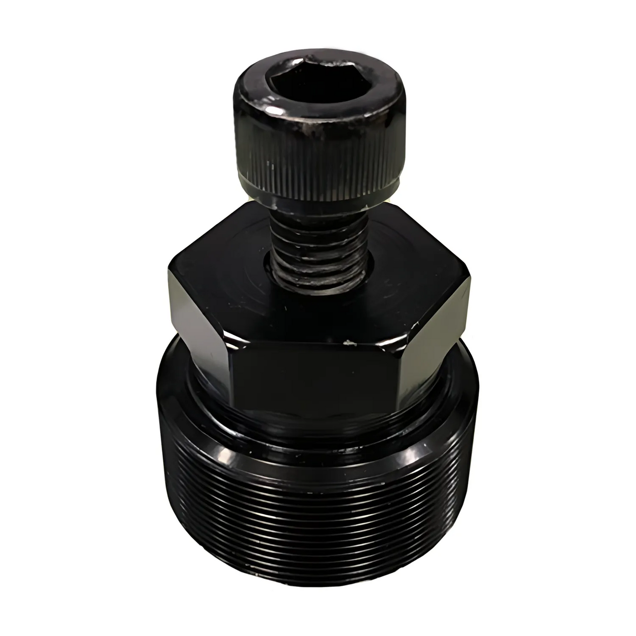 A close-up of the Journey Zoomer® - Wheel Extractor, a black metal tool with a threaded body and central bolt for removing wheels from the Zoomer Chair, displayed on a white background.
