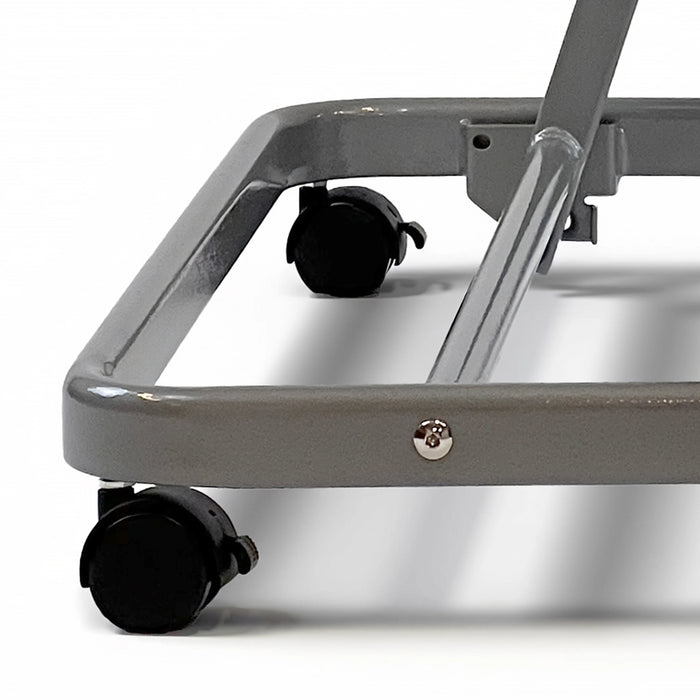 Close-up of a gray metal frame with black caster wheels on a white studio background.