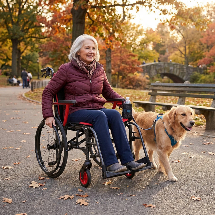 A smiling older woman uses the Journey So Lite® C2 Ultra Lightweight Wheelchair outdoors in a park on a fall day, accompanied by a golden retriever on a leash, with autumn trees and a stone bridge in the background.