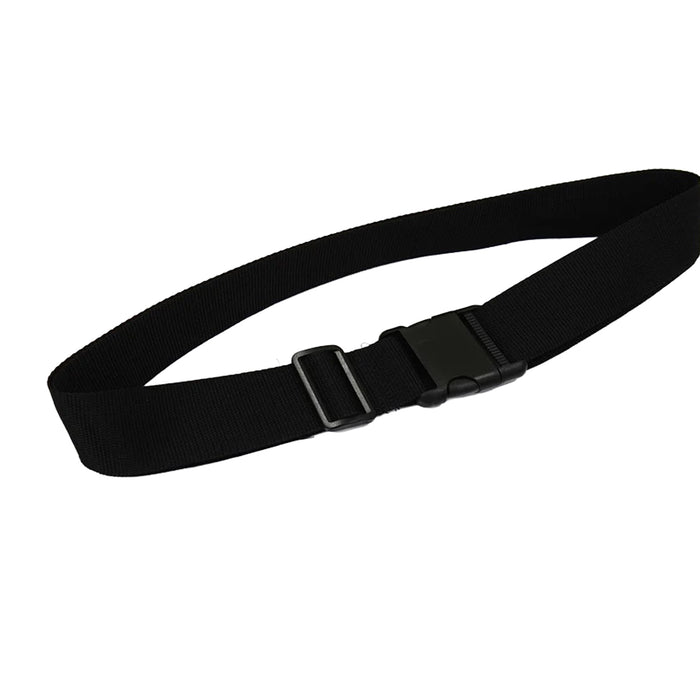 The Journey Zinger Power Chair Seat Belt – Replacement is a durable black nylon webbing belt with a plastic quick-release buckle, shown on a white background—perfect for Zoomer Chairs or Journey Zinger models.
