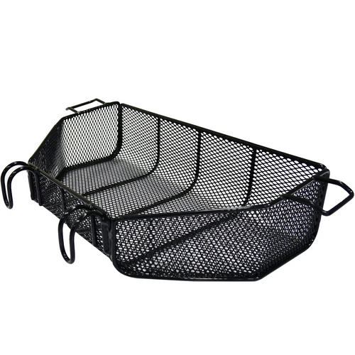 The Zinger Basket is a black metal mesh rectangular basket with side handles, slightly slanted sides, and perforations for ideal air or heat circulation—perfect as a grilling or air fryer replacement basket.