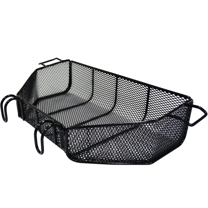 The Journey Zinger Power Chair Basket – Portable & Strong features black metal mesh with angular sides and corner handles, ideal for storage on your mobility scooter. Its open design allows for excellent ventilation and drainage.