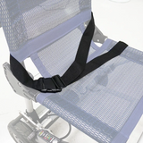 A close-up of a mesh seat with the Journey Zinger Power Chair Seat Belt – Replacement fastened across it, attached to a mobility device, with part of the control panel visible in the lower left corner.