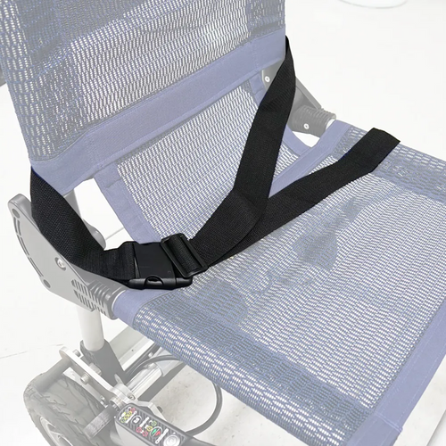 A close-up of a Zinger Seat Belt fastened across the mesh seat of a mobility device, with part of the control panel visible in the lower left corner.