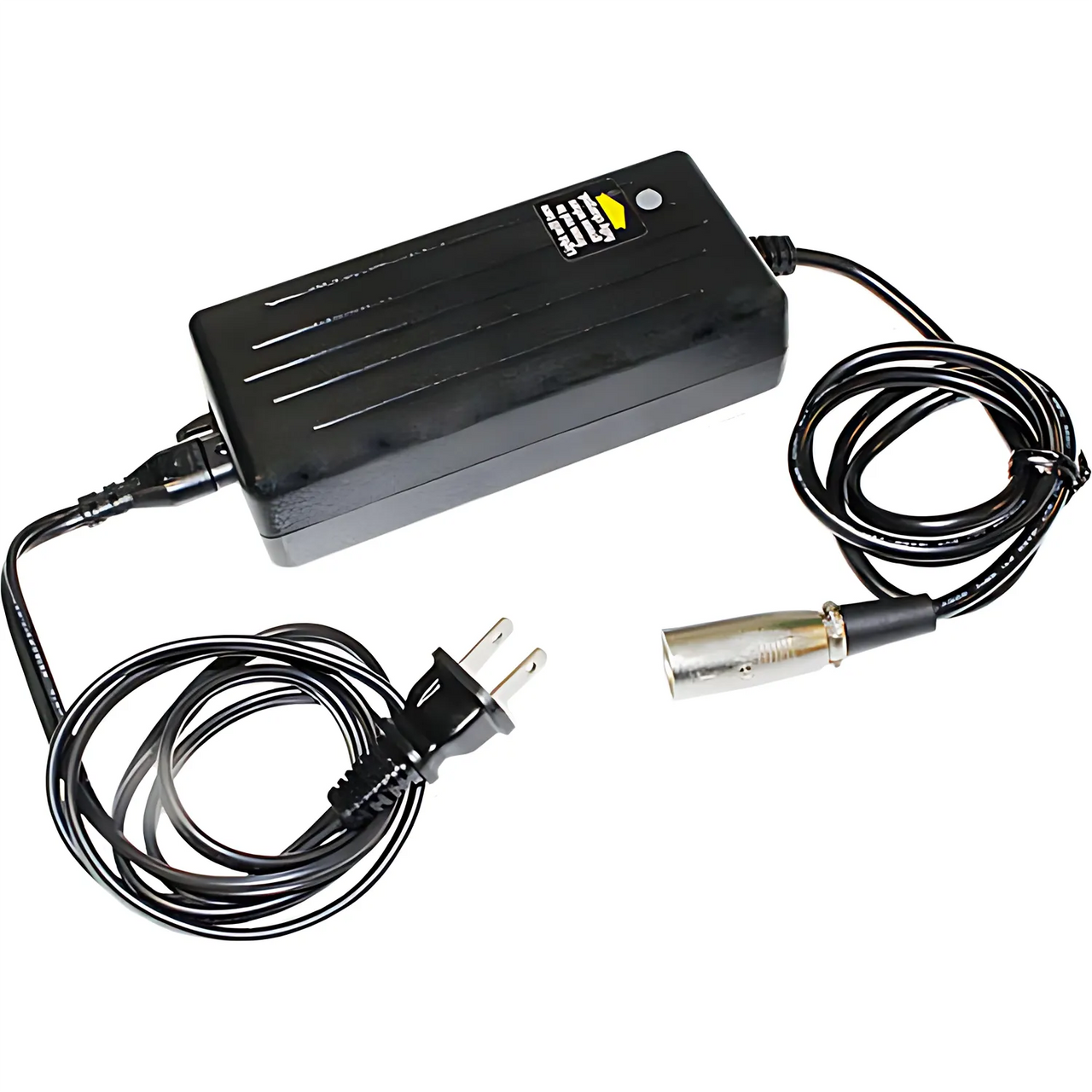 The Zinger Battery Charger w/Power Wire (Spare) features a black power adapter with a two-prong plug and round metal connector, both connected by a coiled black wire. Perfect as a replacement charger for your Zinger device.