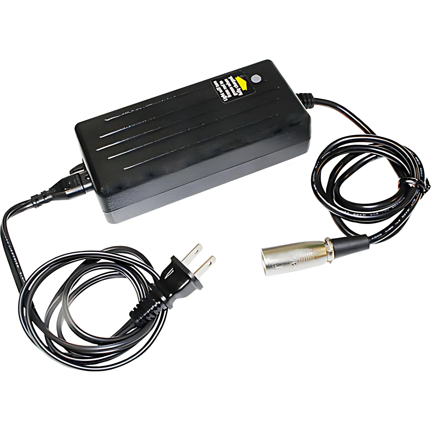 The Journey Zinger Replacement Battery Charger w/Power Wire features a black design with a standard two-prong plug and a circular metal connector, joined by a power wire, displayed on a white background.