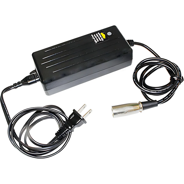 The Journey Zinger Replacement Battery Charger w/Power Wire features a black design with a standard two-prong plug and a circular metal connector, joined by a power wire, displayed on a white background.
