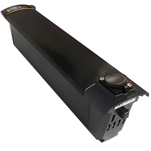 The Zinger® Extended Battery (10.5AH 36V) offers a 9.7-mile range. This black rectangular e-bike battery features a rounded button and indicator lights on one end, and is shown on a white background.