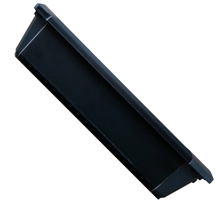 A rectangular black plastic tray with raised edges, designed to securely hold the Journey Zoomer Power Chair Extended Battery 10.5Ah – 24V, viewed at an angle against a white background.
