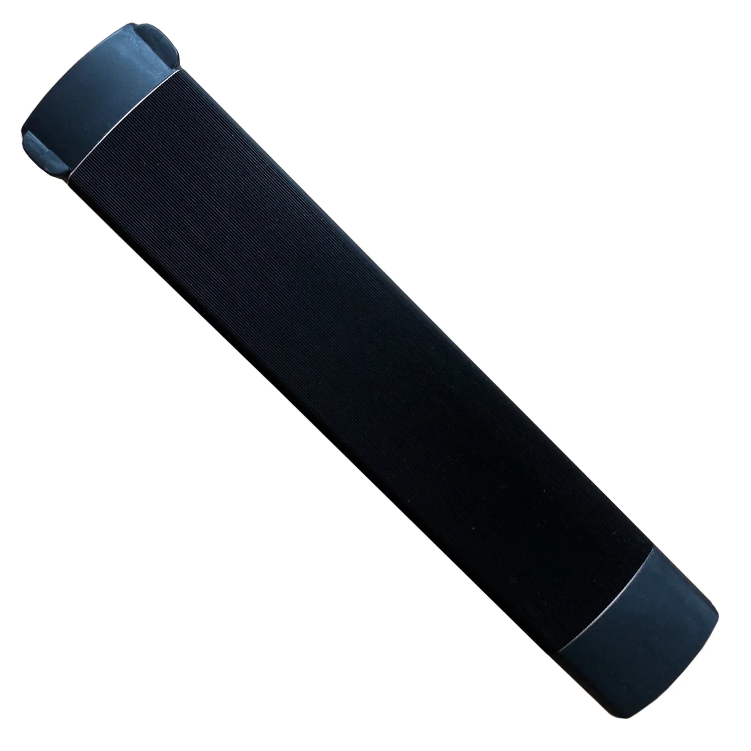 A sleek black rectangular Journey Zoomer 8.7Ah Standard Replacement Battery – 8 Mile, shown with dark gray end caps on a white background—efficient and powerful like a wireless soundbar.