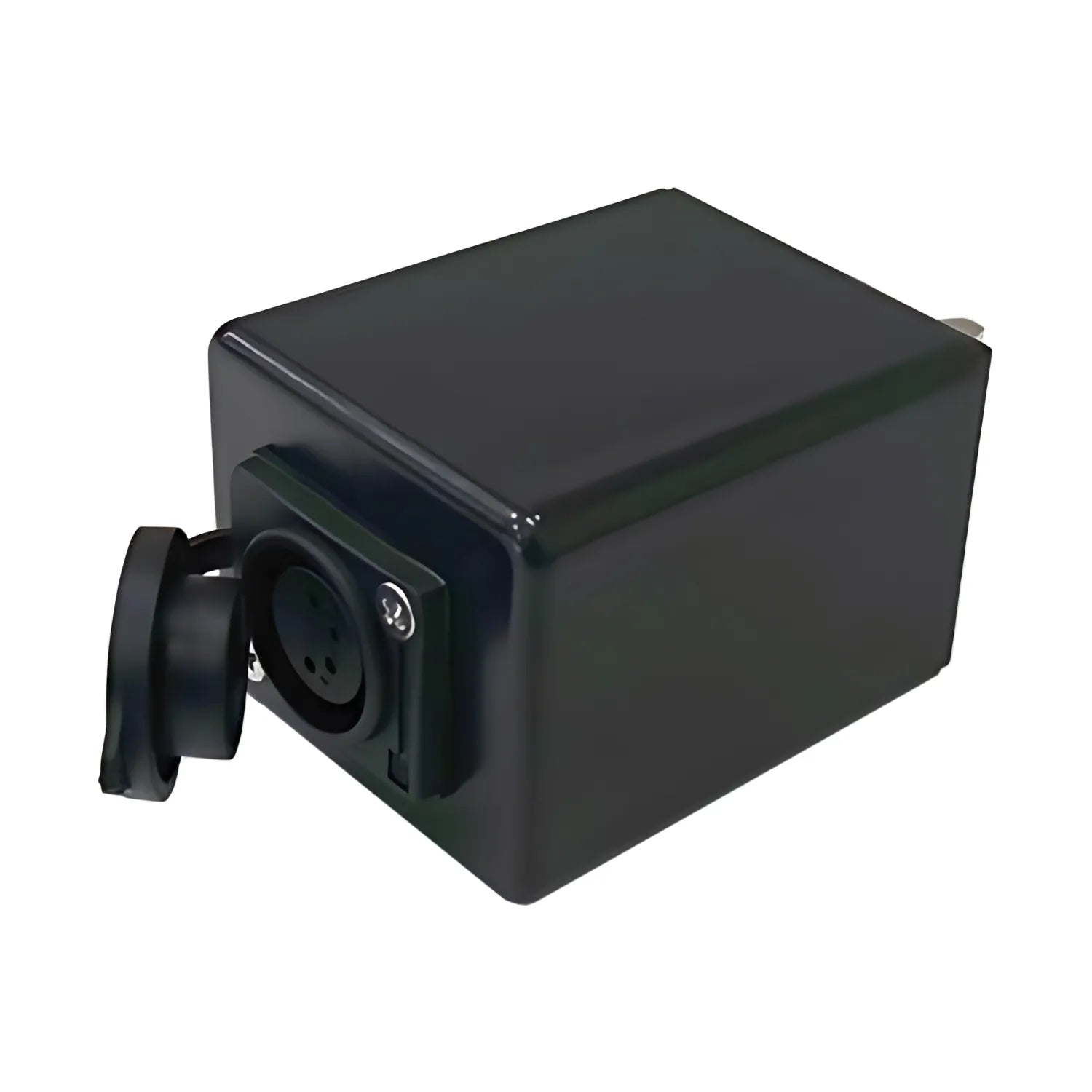 The Journey Zoomer Power Chair Charging Adapter, a black rectangular accessory with a protective cap over its circular connector port, is displayed on a white background.
