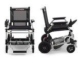 Two views of the Journey Zoomer Lightweight Folding Power Chair: front view shows seat and footrest; side view highlights its frame, wheels, and armrest joystick—perfect as a compact folding power chair.