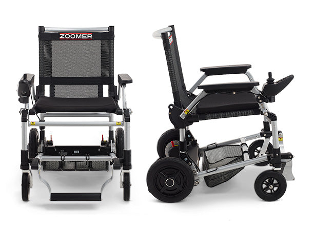 Two views of the Journey Zoomer Lightweight Folding Power Chair: front view shows seat and footrest; side view highlights its frame, wheels, and armrest joystick—perfect as a compact folding power chair.