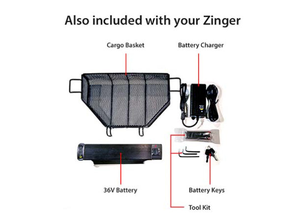 Image displays the items included with a Journey Zinger® Folding Power Chair: mesh cargo basket, 36V battery, charger, battery keys, and tool kit—all labeled and neatly arranged on a white background.