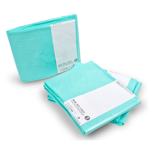 Two folded Senior Incontinence Disposal System Refills in light blue plastic with white labels rest on a white surface—one neatly stacked, the other slightly open and overlapped—ideal for adult incontinence disposal needs.