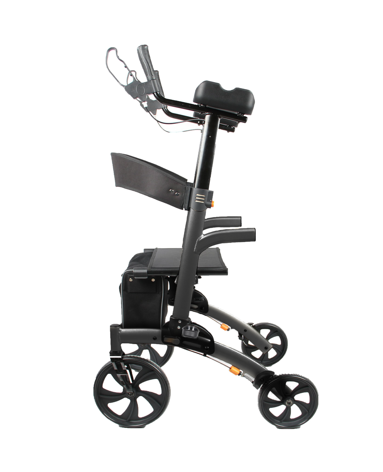 An Open Box So Lite® Glide Backsaver Rollator Walker, black with four wheels, handlebars, padded seat, backrest, and storage pouch, is shown upright from the side against a white background.