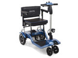 The CPO - So Lite® Lightweight Folding Scooter is a compact, blue ultra-light scooter with a padded seat, Journey backrest, armrests, control panel with handlebars, electronic stability control, and a small front basket under the seat.