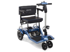 The CPO - So Lite® Lightweight Folding Scooter is a compact, blue ultra-light scooter with a padded seat, Journey backrest, armrests, control panel with handlebars, electronic stability control, and a small front basket under the seat.