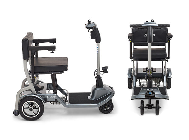 Two views of the CPO - So Lite® Lightweight Folding Scooter: side view with seat and handlebars, and front view folded for easy transport. Includes electronic stability control for enhanced safety.