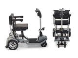 Two views of the CPO - So Lite® Lightweight Folding Scooter: side view with seat and handlebars, and front view folded for easy transport. Includes electronic stability control for enhanced safety.