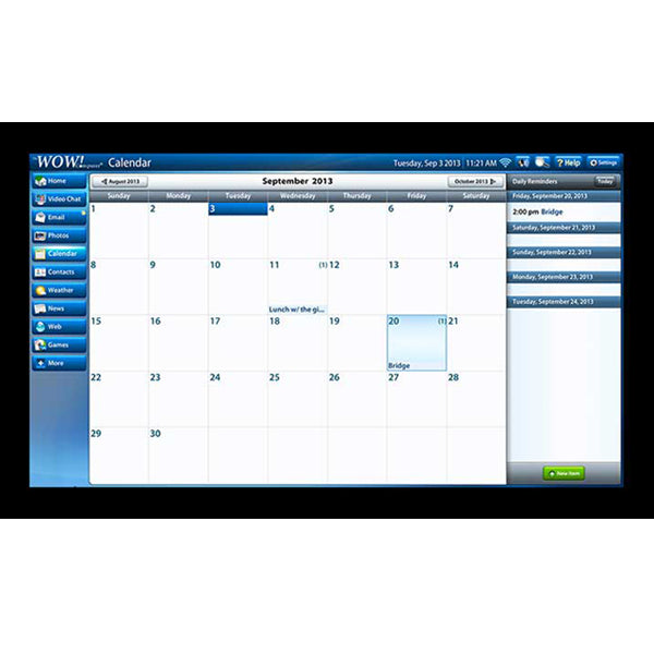 A digital calendar for September 2013 is shown on the WOW! computer by telikin for Seniors with 22 Monitor, featuring events like Lunch with Judy on the 18th and Bridge on the 24th, plus simple navigation options in the left sidebar.