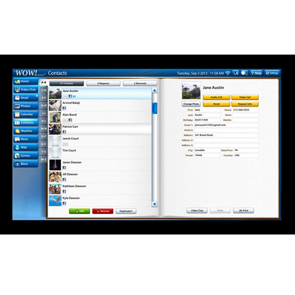 The WOW! computer by telikin for Seniors with 22 Monitor displays an easy-to-use contact management app, showing a contacts list on the left and Jane Austin’s detailed info, including phone number and address, on the right.