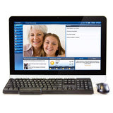 The WOW! Computer by telikin displays a video call between an older woman and a young girl, plus news, weather, and notices. The easy-to-use monitor is paired with a keyboard and mouse in front.