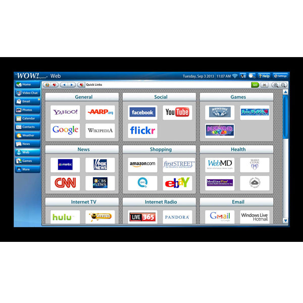 The WOW! computer by telikin features an easy-to-use web browser with categorized quick links and logos for sites like Yahoo, Google, Facebook, CNN, Amazon, WebMD, Pandora, eBay, and Hotmail.