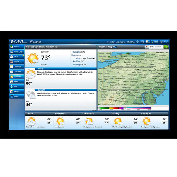The WOW! computer by telikin for Seniors with 22 Monitor shows Hatfield’s current weather—73°F and cloudy—plus an easy-to-use dashboard with weekly forecast, details, map, menu, and the date: Tuesday, Sep 3, 2013.