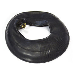 A partially inflated Journey Zinger Scooter Inner Tube – Replacement, black rubber with a bent brass valve, is laid flat on a white surface. Designed for Zinger mobility chair rear wheels, it features visible ridges and a subtle manufacturer logo.
