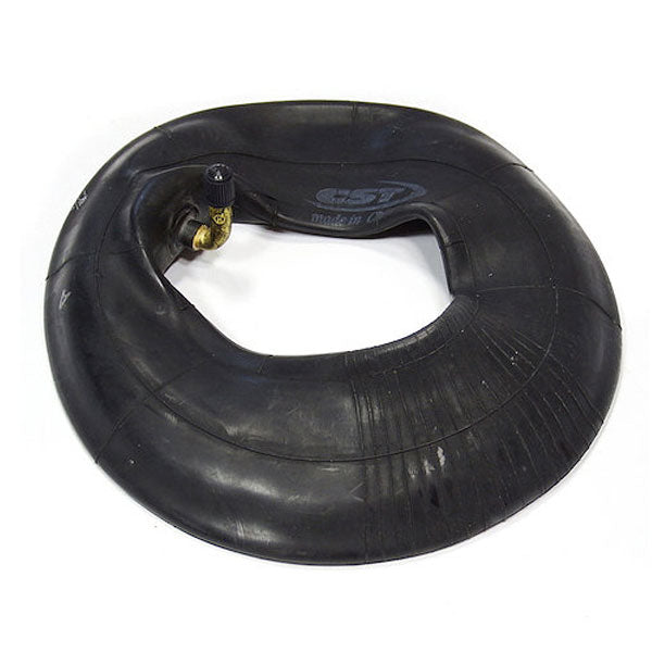 A partially inflated Journey Zinger Scooter Inner Tube – Replacement, black rubber with a bent brass valve, is laid flat on a white surface. Designed for Zinger mobility chair rear wheels, it features visible ridges and a subtle manufacturer logo.