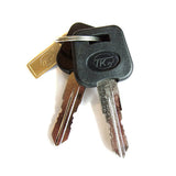 A pair of Journey Zinger Power Chair Spare Keys with black plastic heads, attached to a small silver keyring and a gold-colored tag.