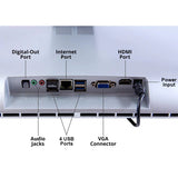 Back panel of the WOW! computer by telikin shows labeled ports: Digital-Out, audio jacks, 4 USB ports, Internet port, VGA connector, HDMI port, and power input—designed for easy use by seniors.