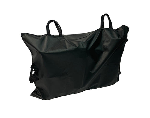 The Travel Bag for Zinger or Zoomer is a large black rectangular bag with four handles—two on top and one on each end—shown against a white background. It’s made of durable, slightly shiny material, ideal for transporting mobility devices.